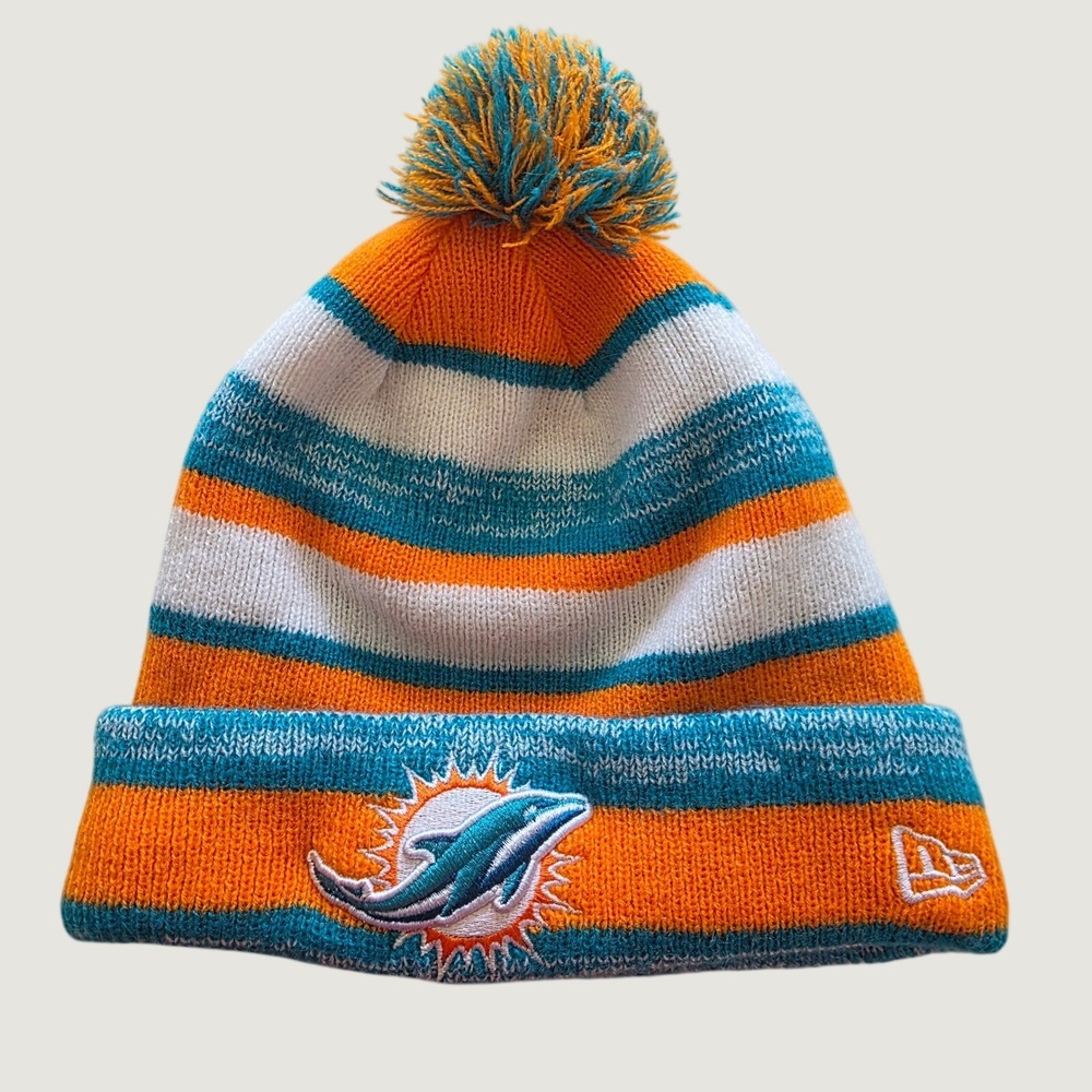 New Era Miami Dolphins Beanie Football Orange Teal Striped NFL Florida Sports